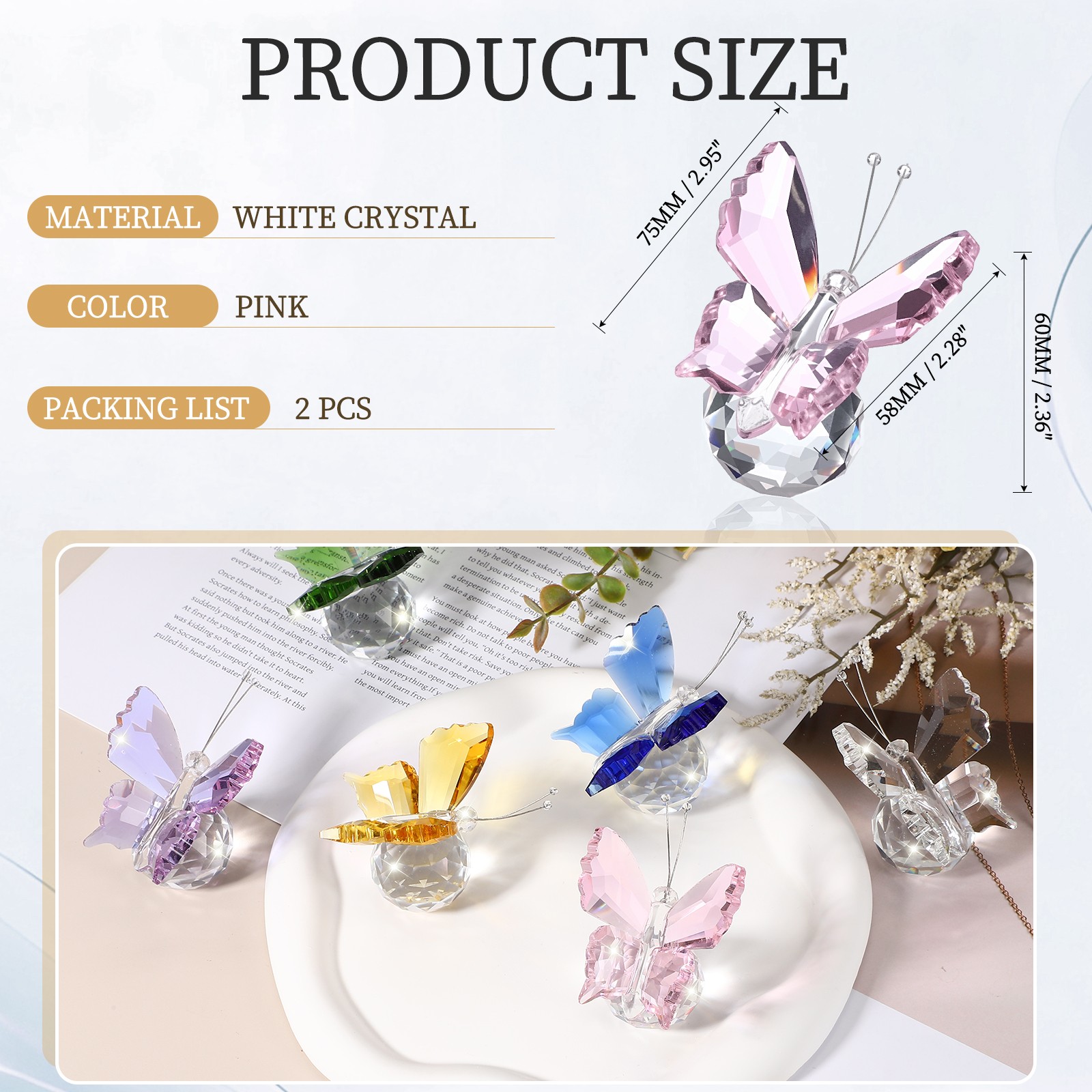 2 Pcs 75mm / 3 Inch Butterfly Crystal Paperweight, Pink