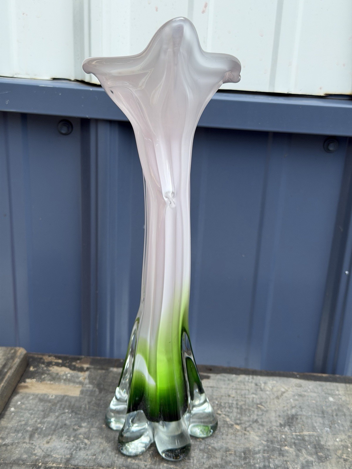 Vintage Cased Art Glass Jack In The Pulpit Vase Green Purple White 12”