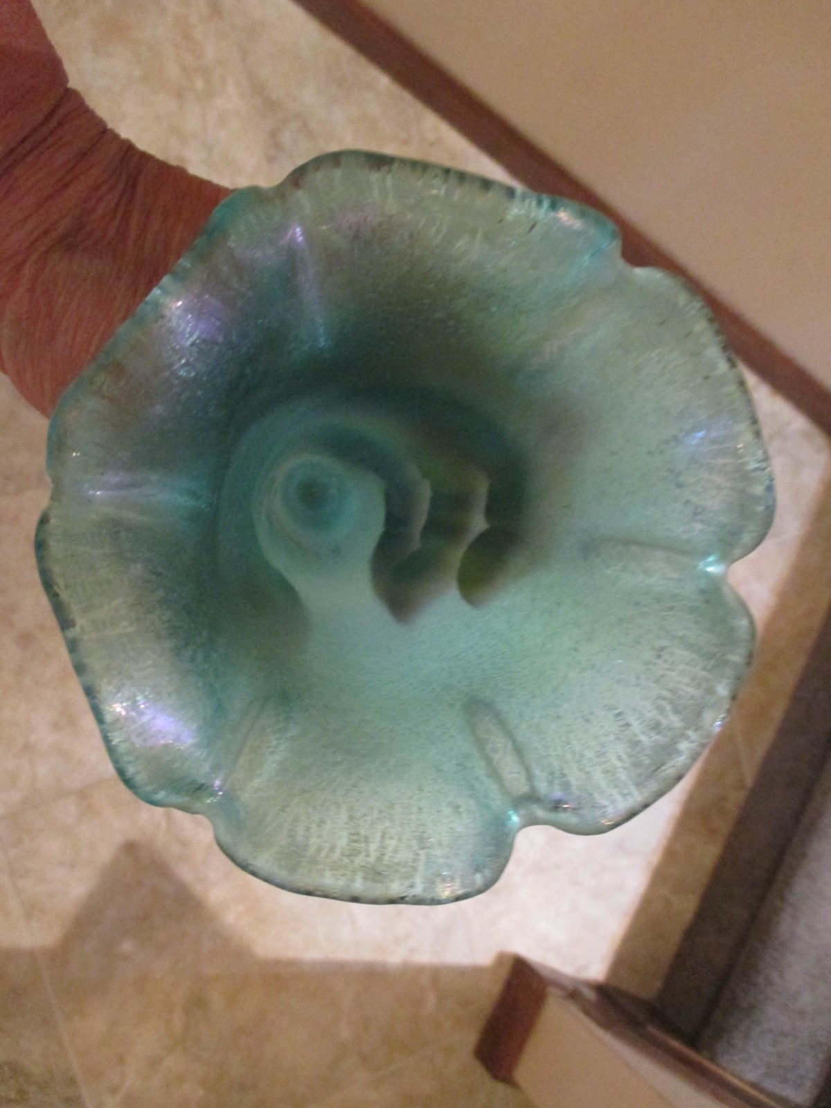 FENTON LG Wright Opalescent Blue Teal Aqua Glass 4 Horn Epergne 1994 13” SIGNED