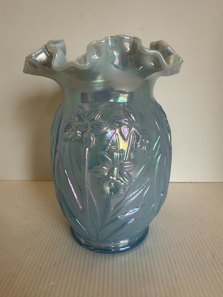 Fenton Opalescent Light Blue 8″ Tall Vase with Daffodils Rare Glass Collectible
