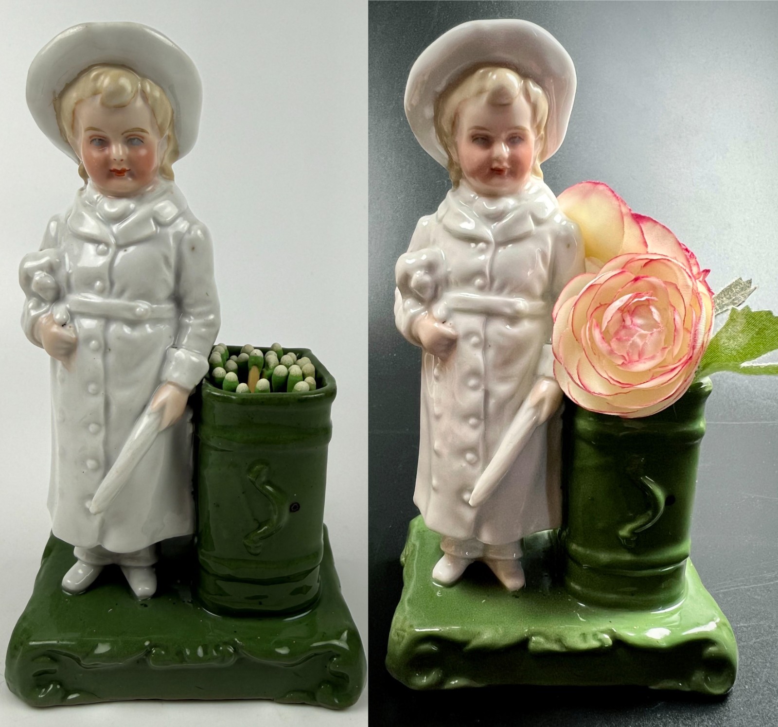 Antique German Conta Boehme Porcelain Match holder bud vase boy puppy figurine