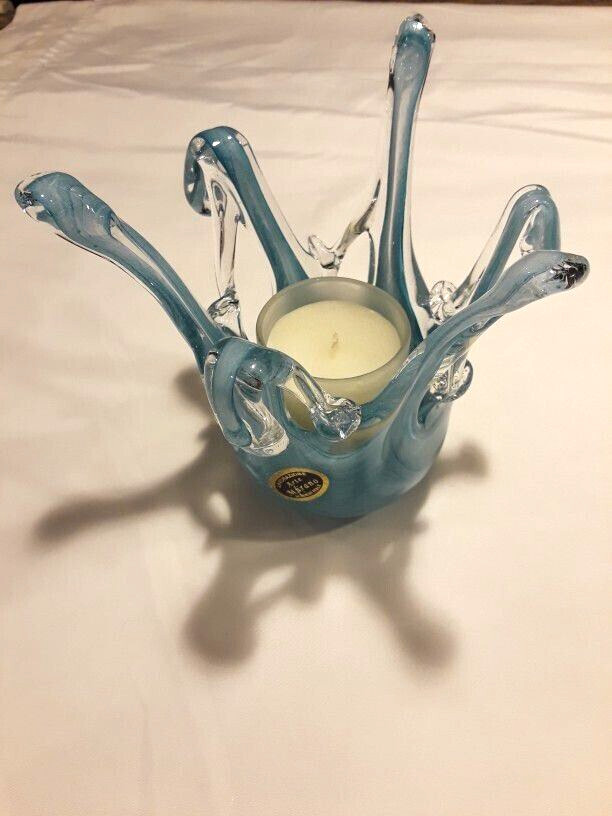 Stunning Murano Glass Freeform Basket/Votive Hand Made In Italy Blue Swirl 6″x6″
