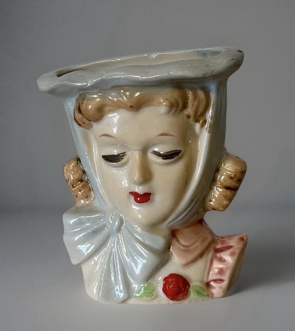 Vintage Lady Head Vase Ceramic Porcelain Japan 3-1/8”H Small w/Blue Hat