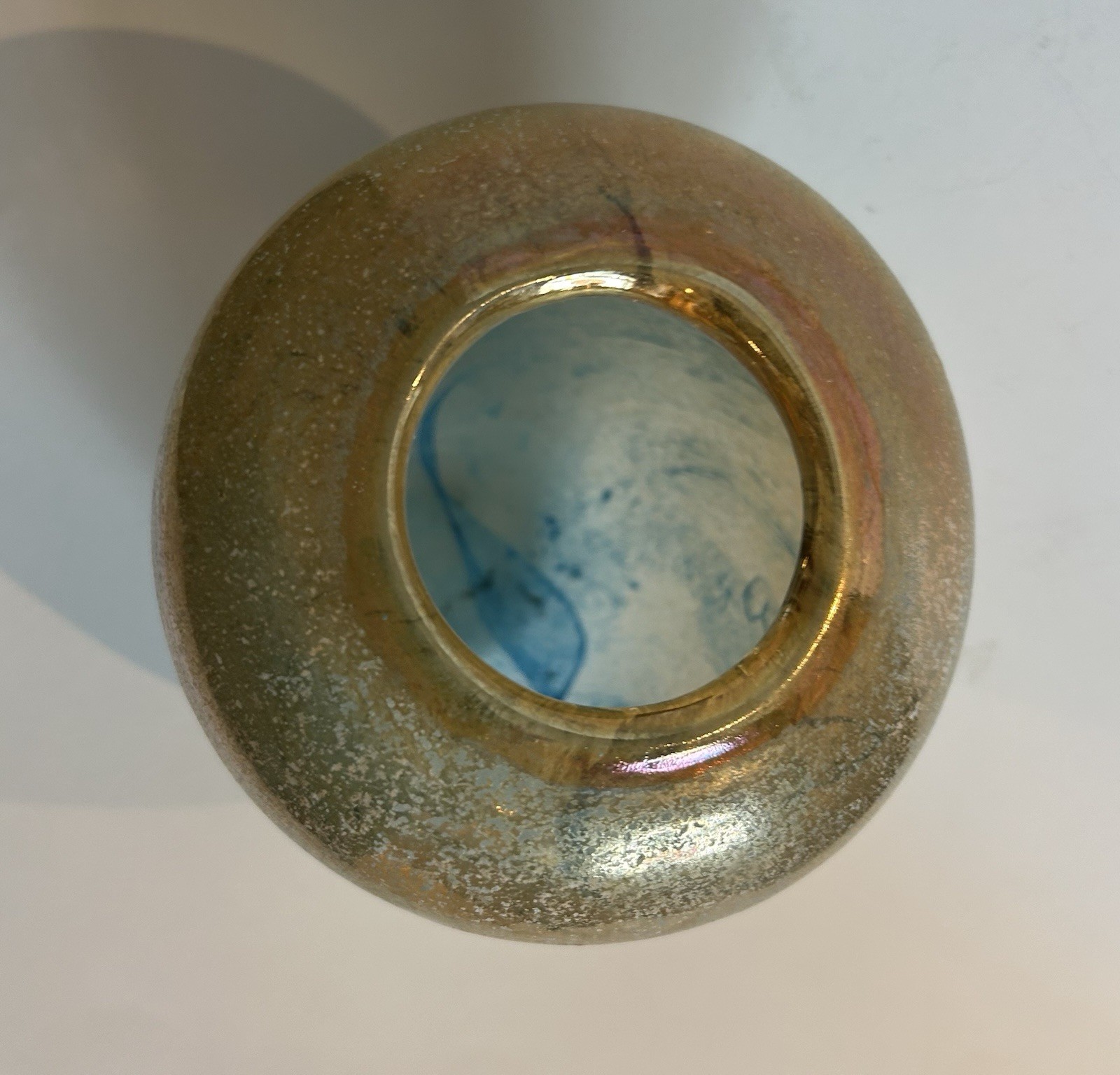 Iridescent Art Glass Vase Handmade Vintage Gold, Turquoise 7.5”x2.5” Opening