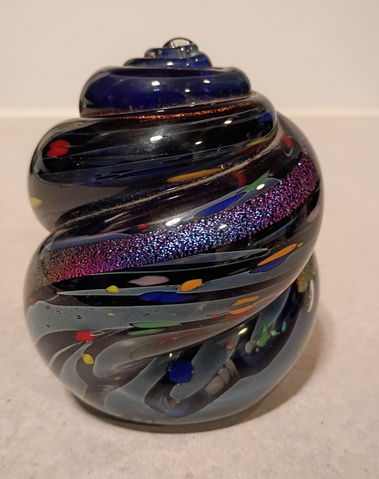 3.75″ Signed R Garrett Swirled Dichroic Spiral Art Glass Paperweight