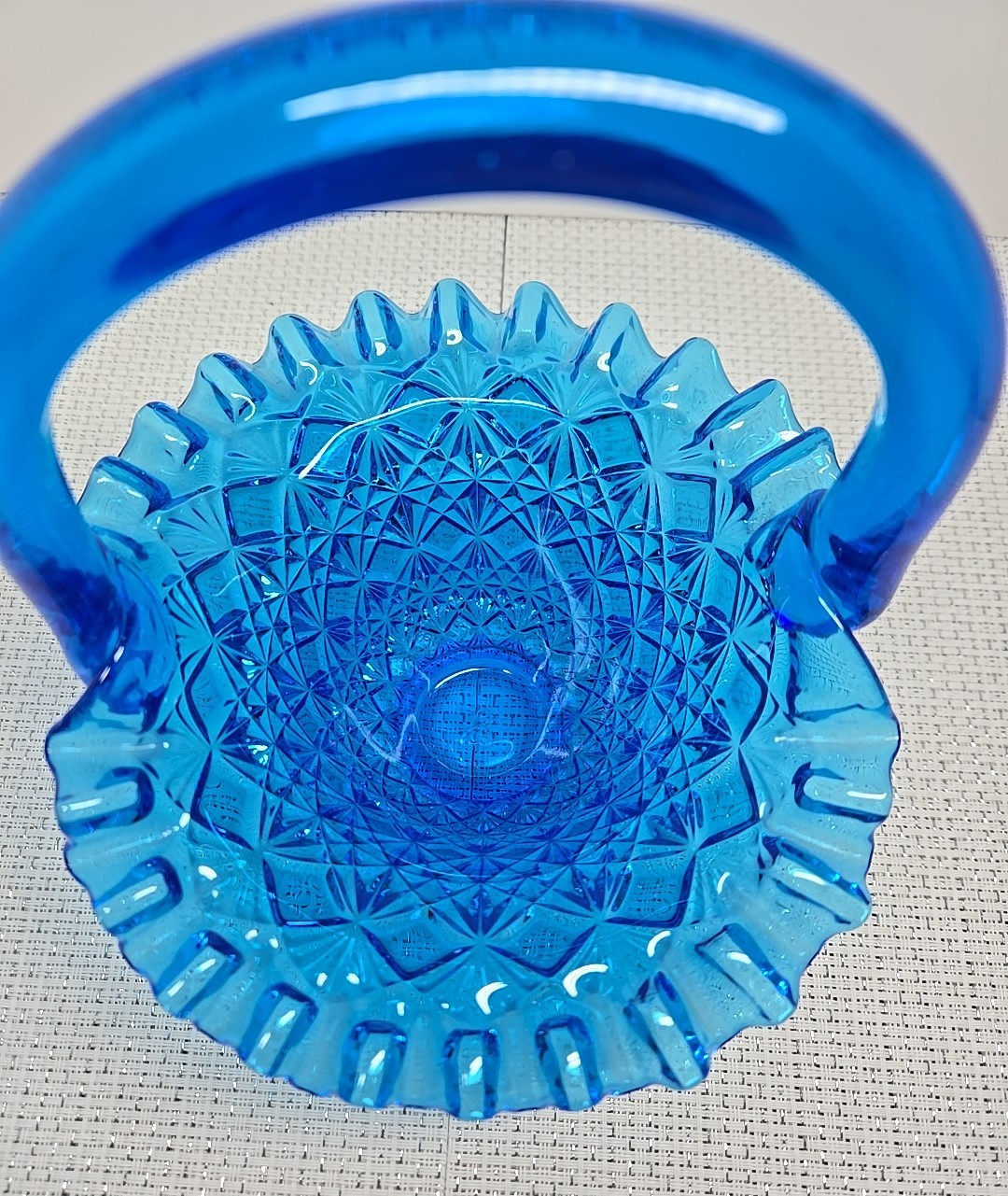 Vintage Fenton Olde Virginia Art Glass Blue Ruffled Basket Pressed w/Handle 8”