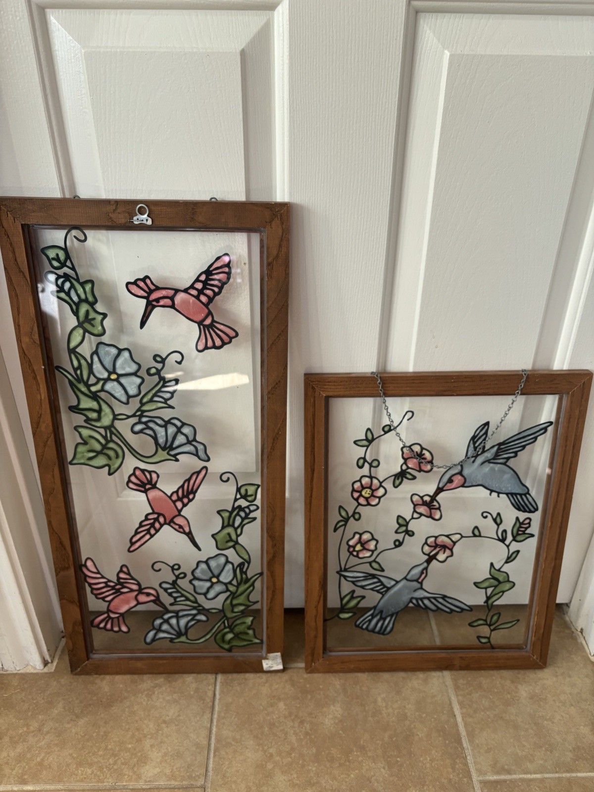 2 Beautiful Painted Glass Hummingbird Flower Wood Framed Wall Art Vintage
