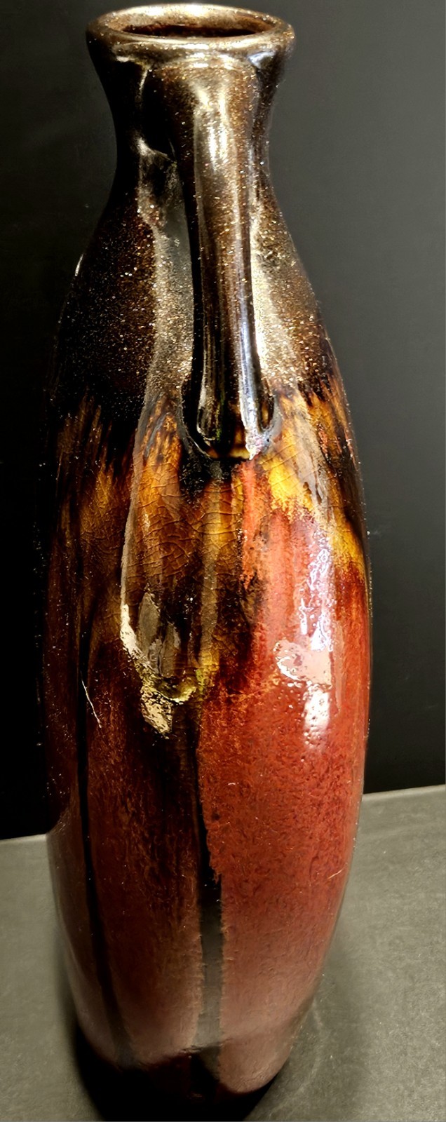 Vintage Studio Pottery Amphora Vase Drip Lava Glaze Rust Brown Double Handle MCM