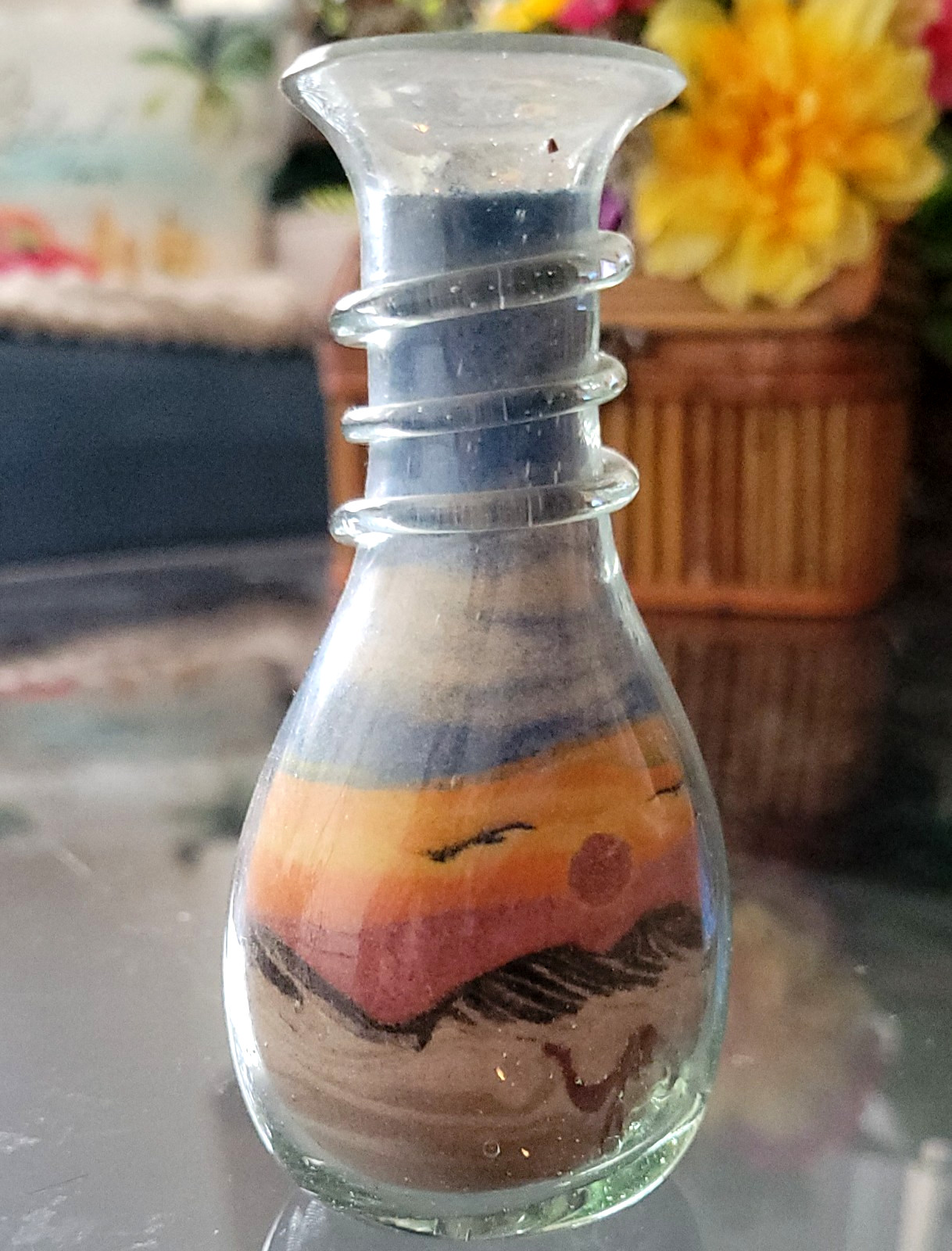 Sand Art Swirl Glass Bottle Camel Dunes Desert Landscape Arabic Writing