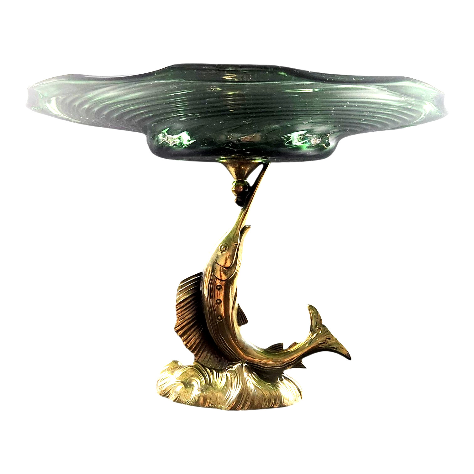 Vintage Cast Brass Sword/Sail Fish Pedestal Green Glass Centerpiece Compote Tray