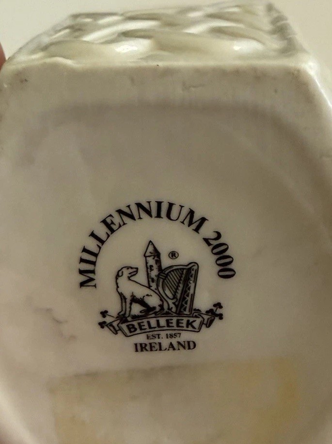 Belleek Porcelain Vase Basketweave Relief Pink Floral Millennium 2000 Backstamp
