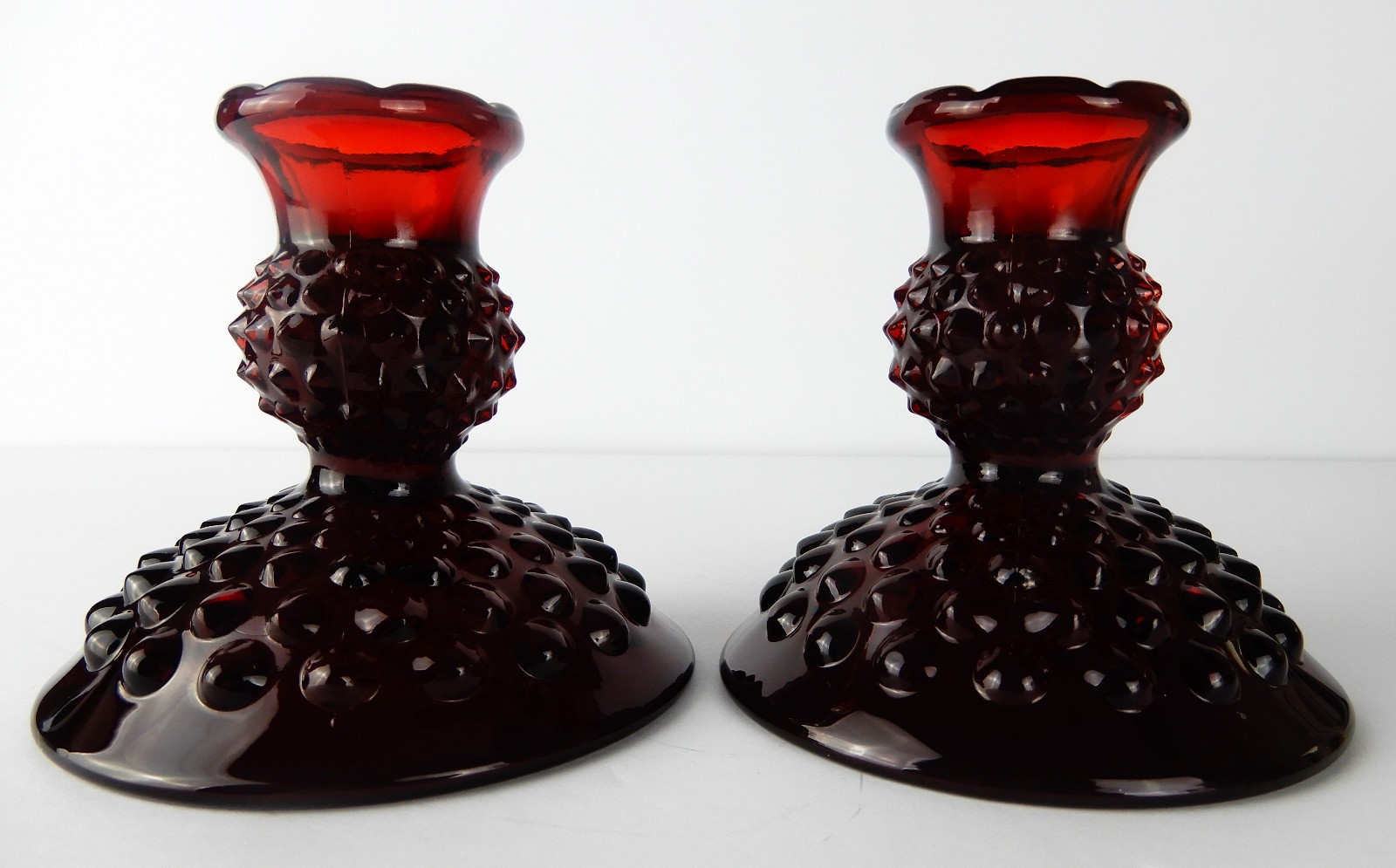 Fenton Vintage Set of 2 Ruby Red Hobnail Taper Candle Holders Scalloped Top