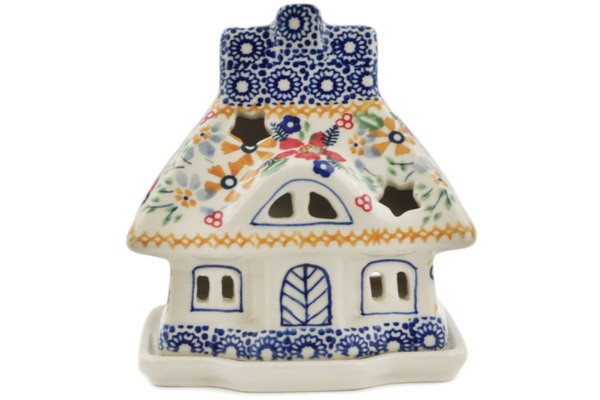 Polish Pottery House Shaped Candle Holder 5″ Summer Bouquet UNIKAT|16003