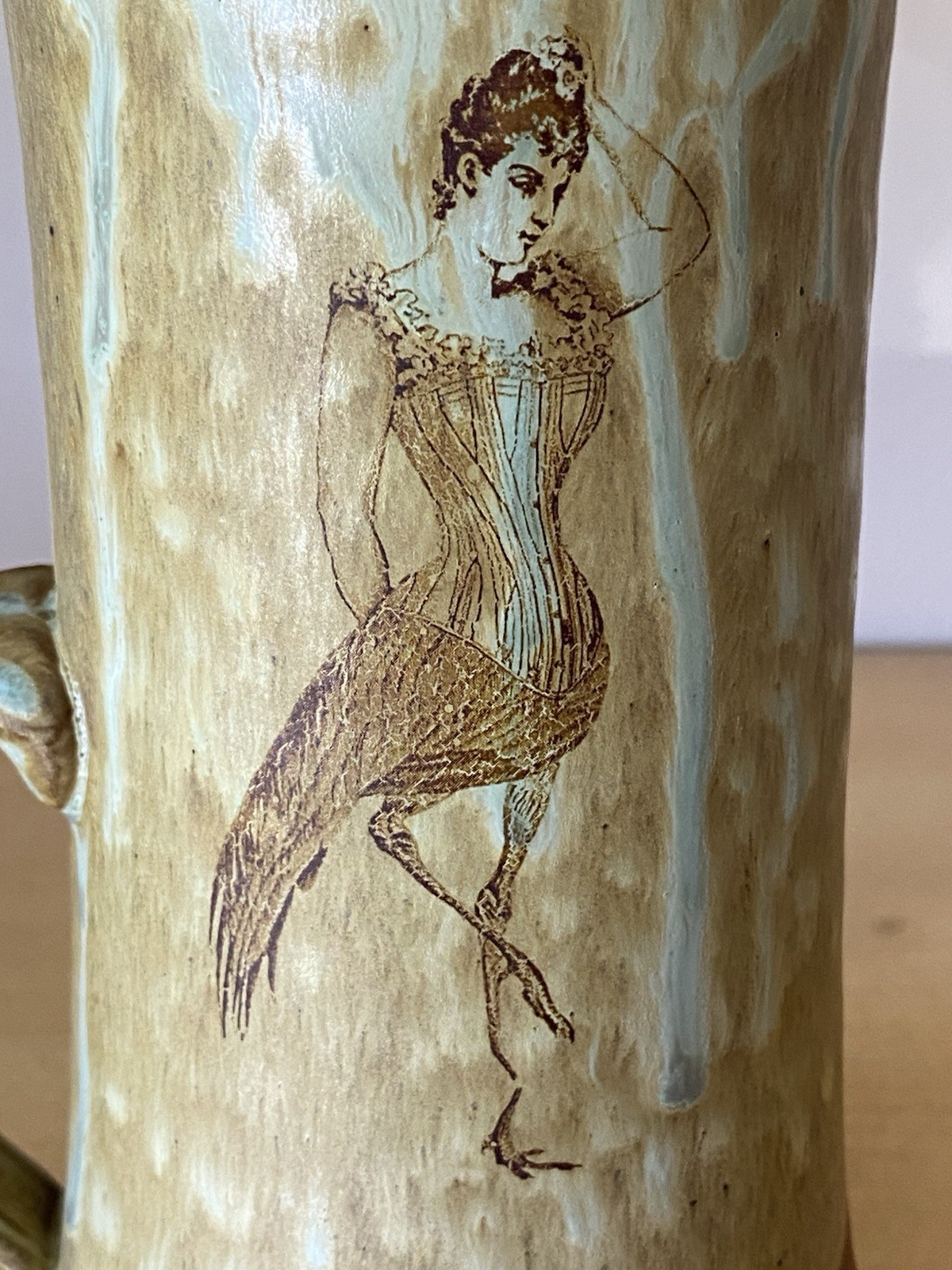 Handmade Pottery Tankard Whimsical Victorian Lady Bird Signed 7 5/8”H Artisan
