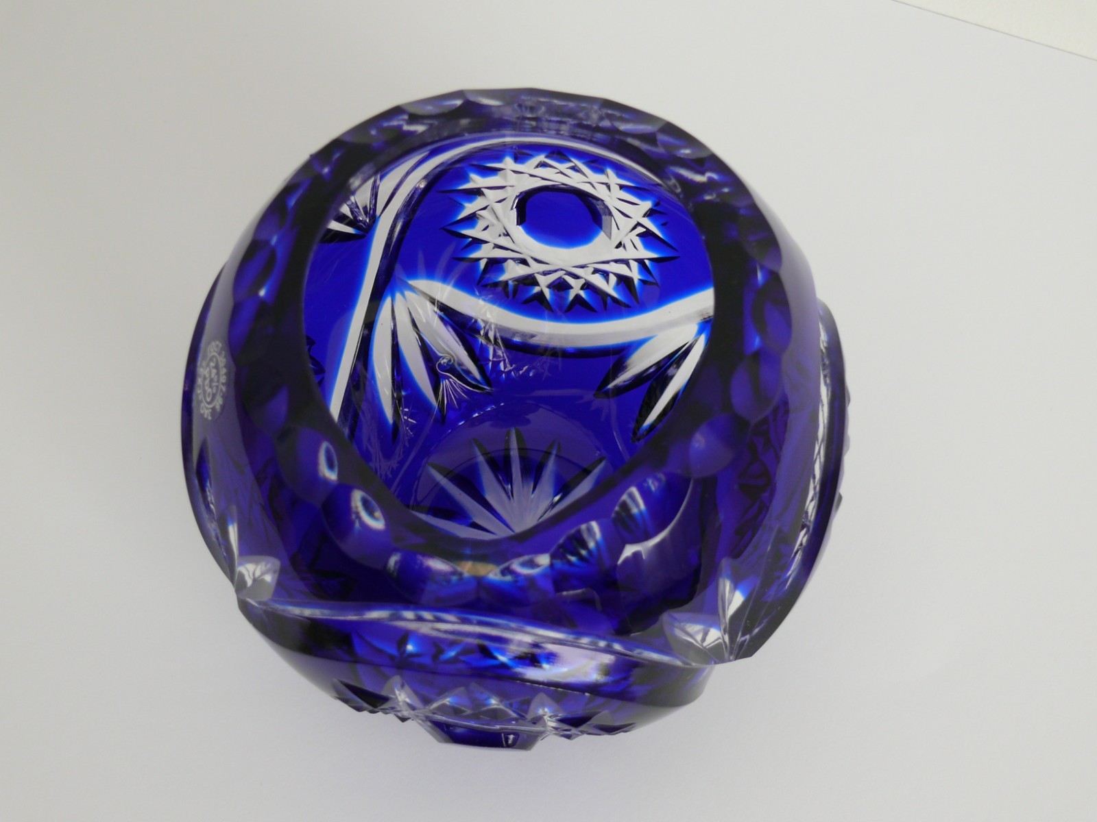 CRYSTAL flower VASE 12×13 cm, COBALT BLUE Cut to clear Overlay / Cased Crystal