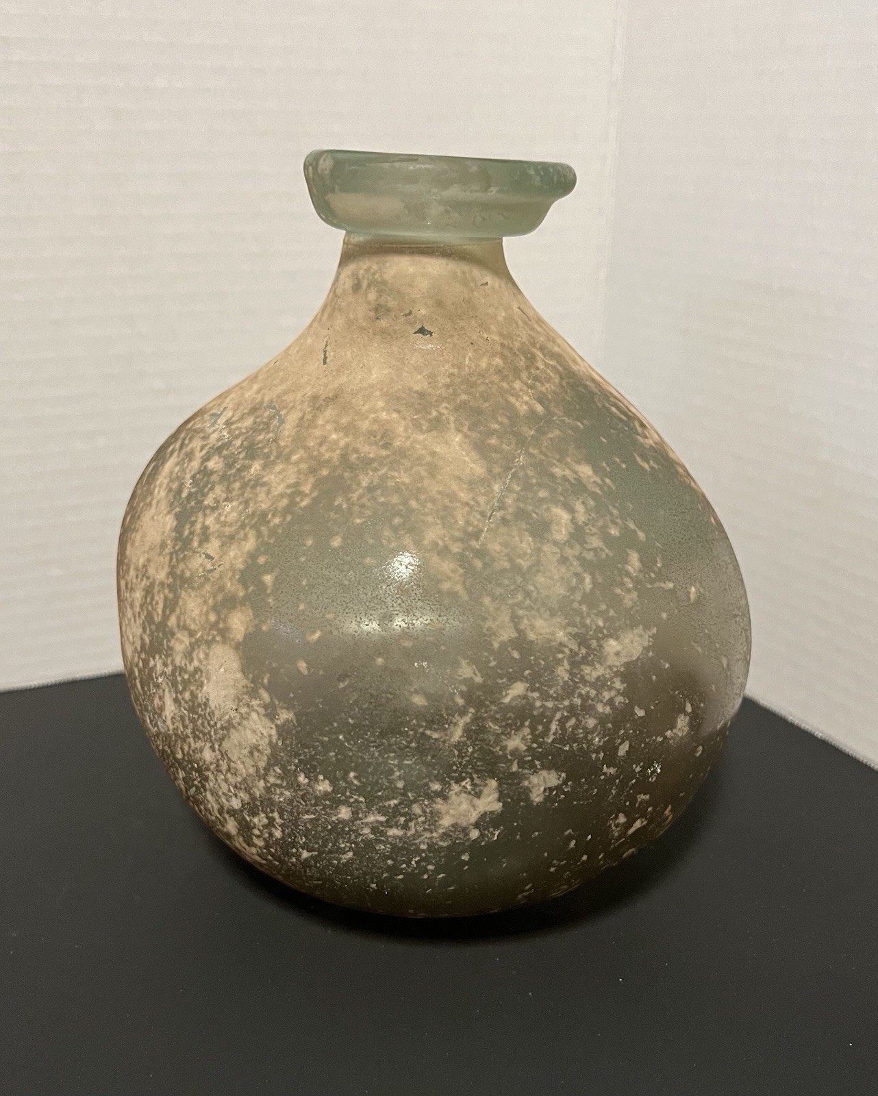 San Miguel Handmade Recycle Glass Vase Green Tan Textured Spain Art Glass 7.5”H