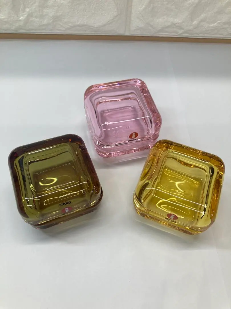 Iittala Vitriini Yellow Pink Rose Olive Trinket Box 6cm x 6cm 3 Set Rare Used FS