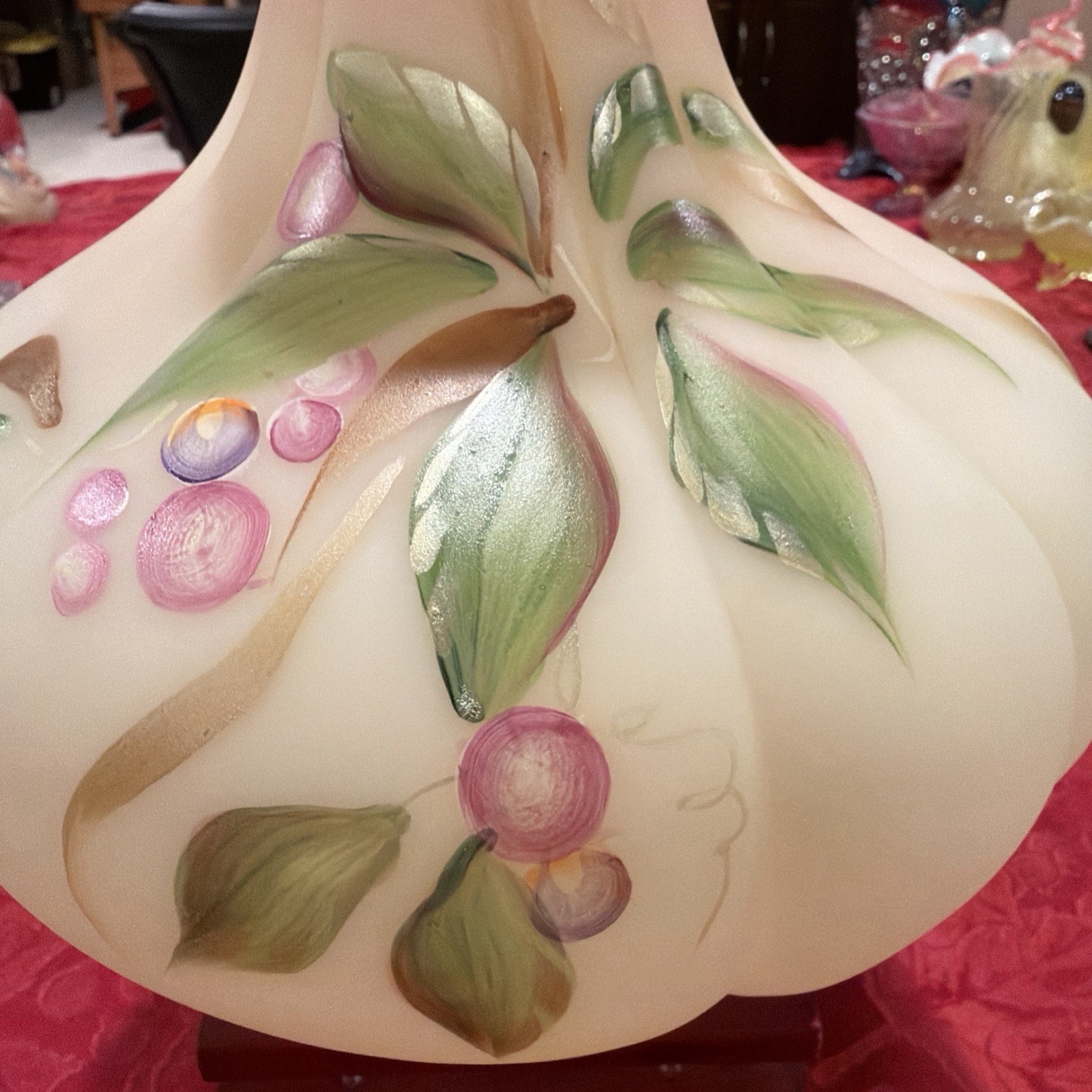 Spectacular Fenton Large Burmese Uranium Hand Painted Melon Vase 10”x9” Signed