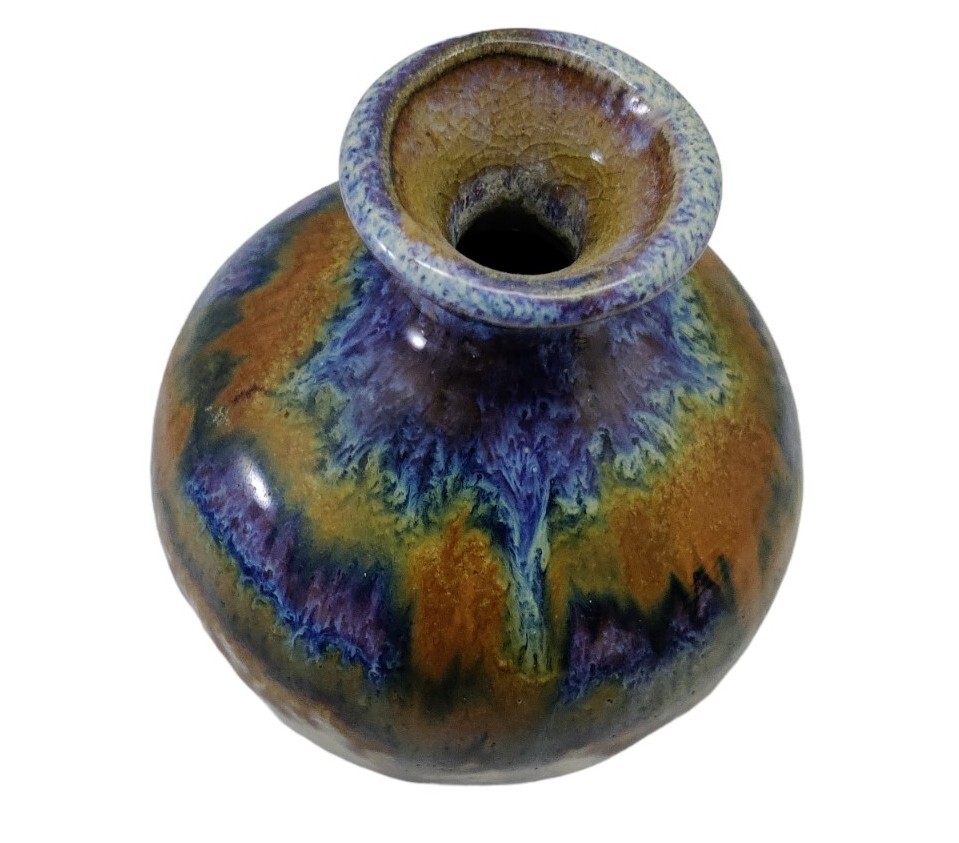 Studio Art Pottery Modern Flambe Bud Vase Pot Purple Brown Signed