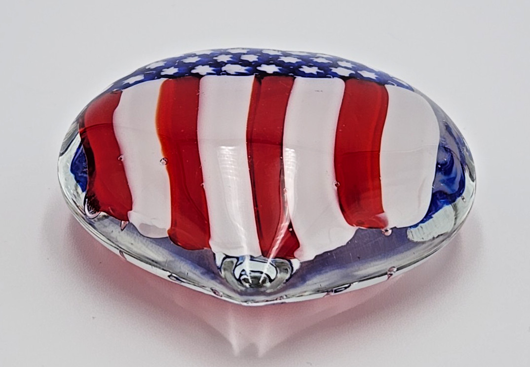 Vintage Art Glass Heart Shaped American Flag Paperweight Americana Handblown USA