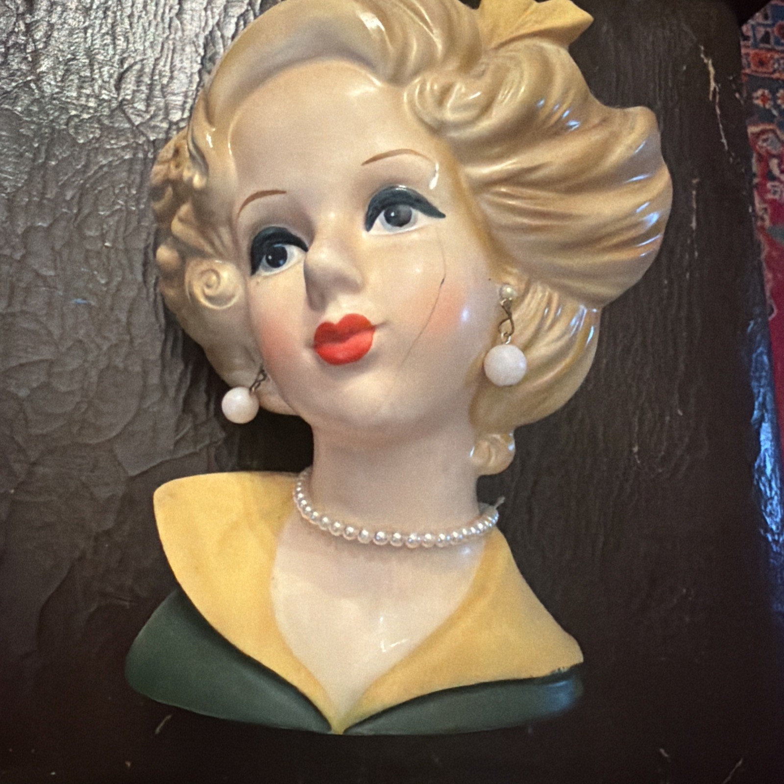 X-Large 7” Lady Head Relpo Vase Big Hair Pearl Earrings Necklace Project Piece