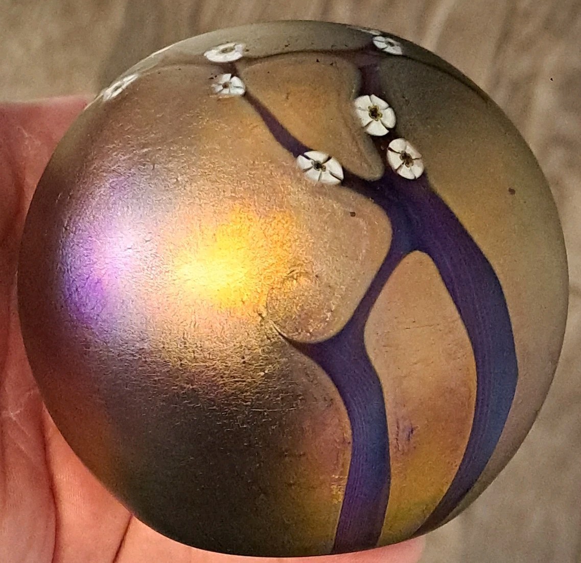 Zellique Art Glass 2003 Iridescent Floral Paperweight Joseph Morel Signed