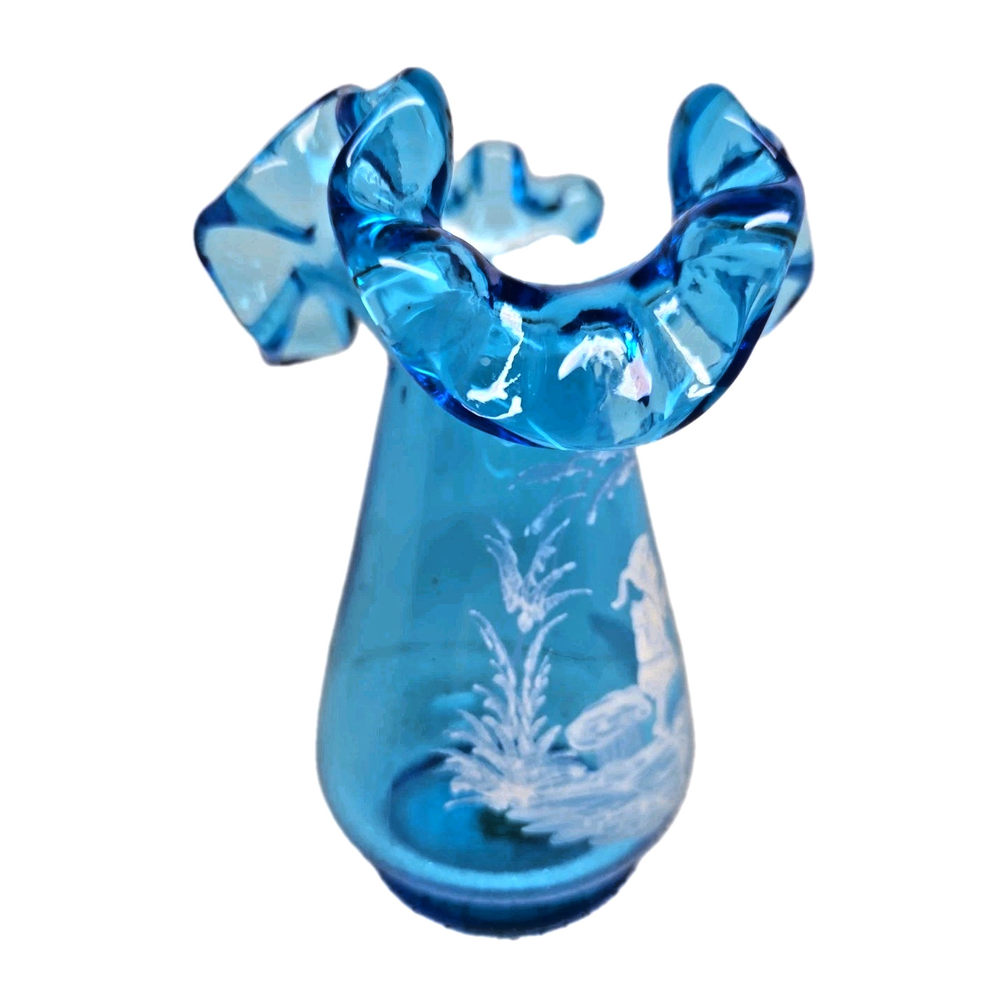 Westmoreland Ruffled Glass Vase Mary Gregory Design Girl Fishing Signed/#/ 5″ EC