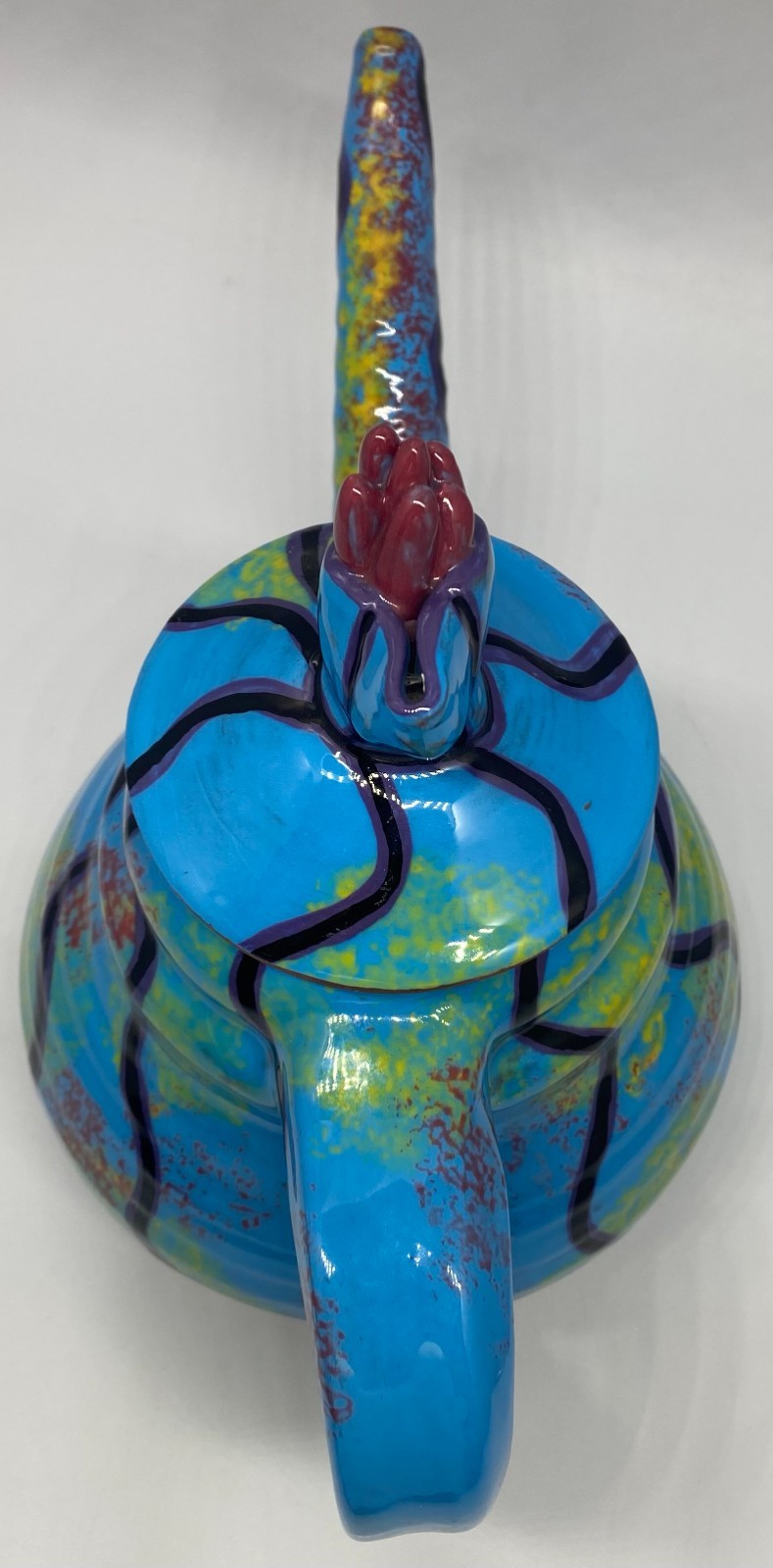 Signed Studio Art Pottery Teapot 1987 Blue Abstract Handmade Ceramic Teapot Lid