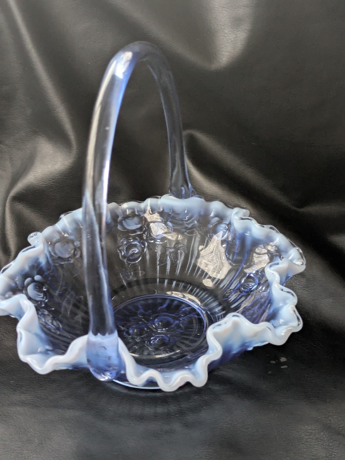 Fenton Glass Bride Basket Raffled Lavender Blue Opalescent Cabbage Rose 7.5 Inch