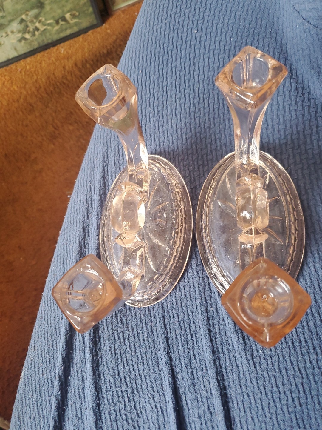 1950s I Peach Depression Glass Double Candelabra Candle Holders Not Marked