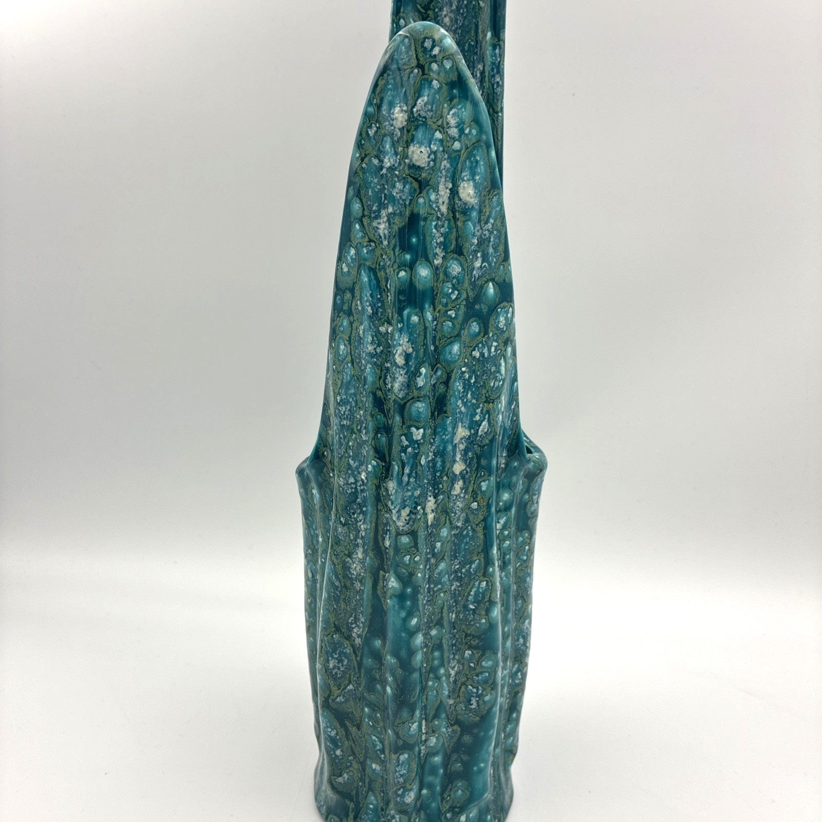 Vintage MCM Studio Pottery Teal Lava Glaze Flame Vase Signed Thelma 1966 14″