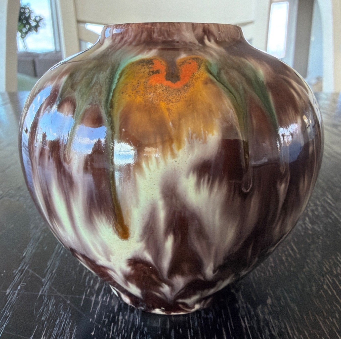 Vintage Jasba Keramik Vase 4″ German Ceramic Brown & Cream Abstract Glaze Decor