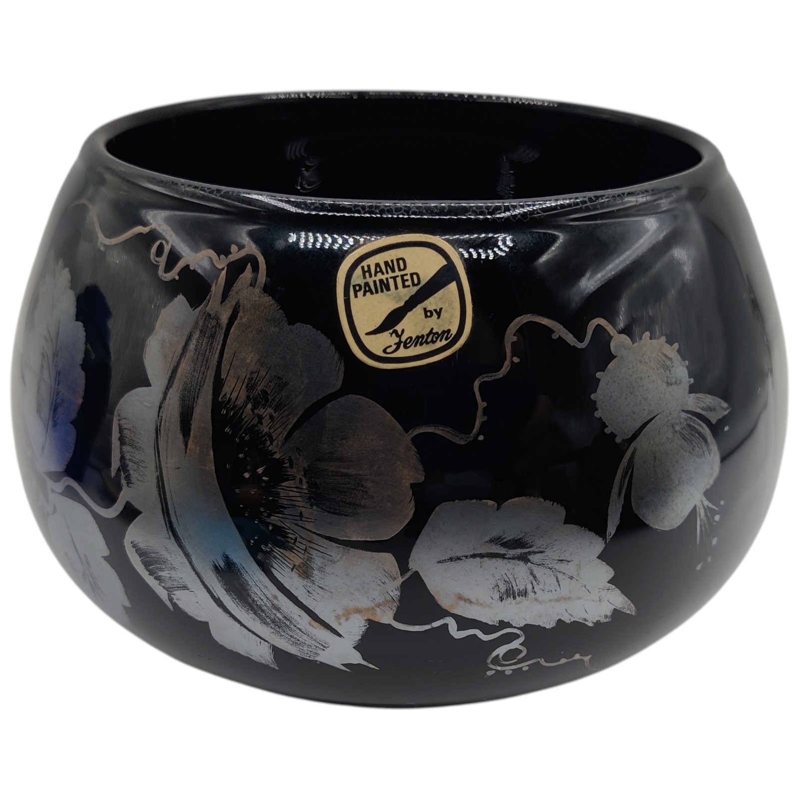 FENTON Signed Black Ebony Amethyst Shiny Bowl Vase Hand Painted Silver Poppies