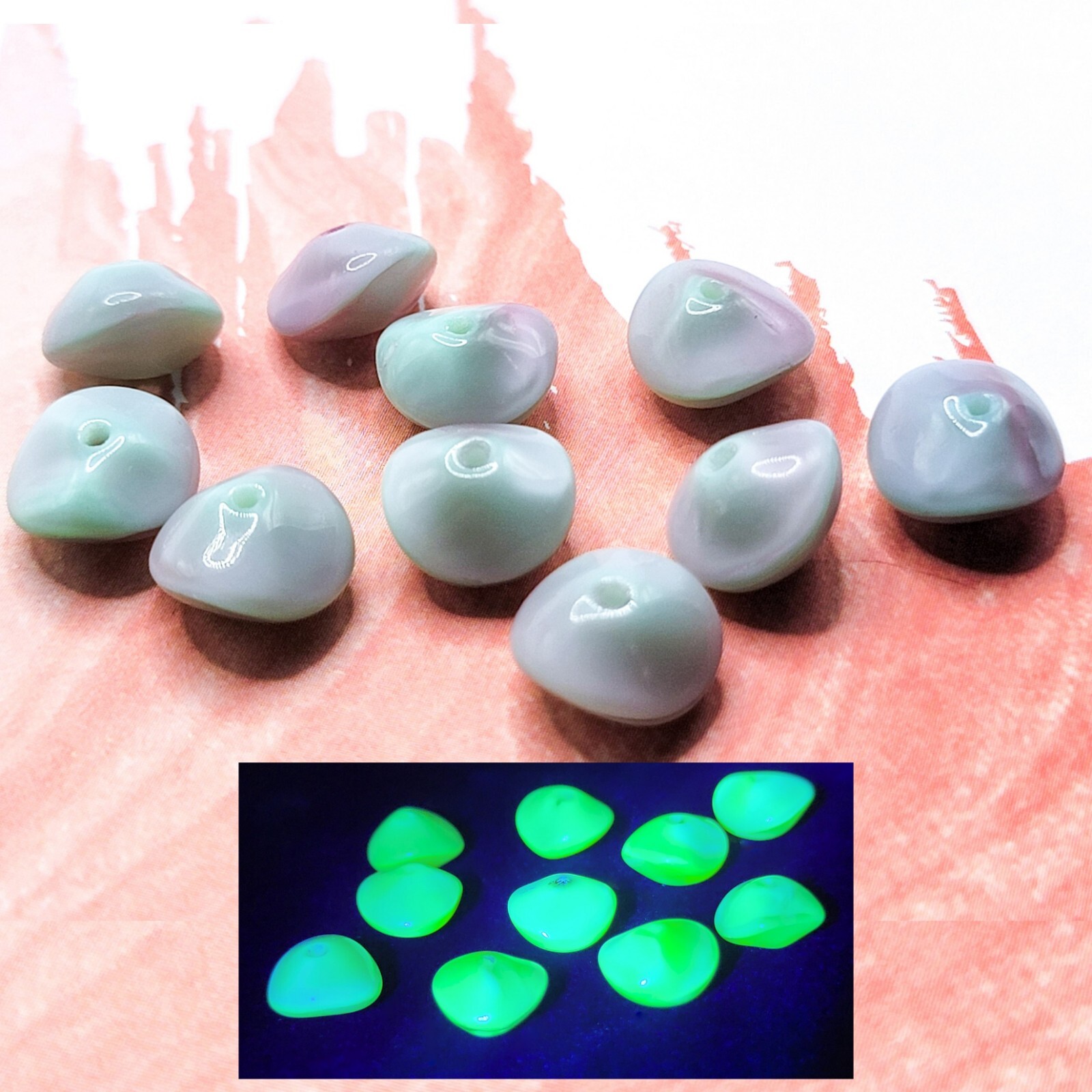 Vintage Uranium Glass Beads Pink Aqua Green Baroque Saucer Czech 11x7mm 10pc C3