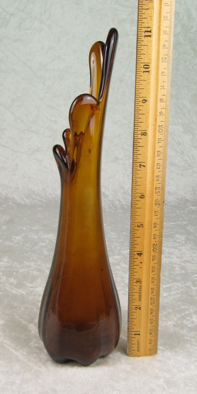 5 Finger Swung Glass Vase Amber Vintage Mid Century Modern 11 in Tall Hand Blown