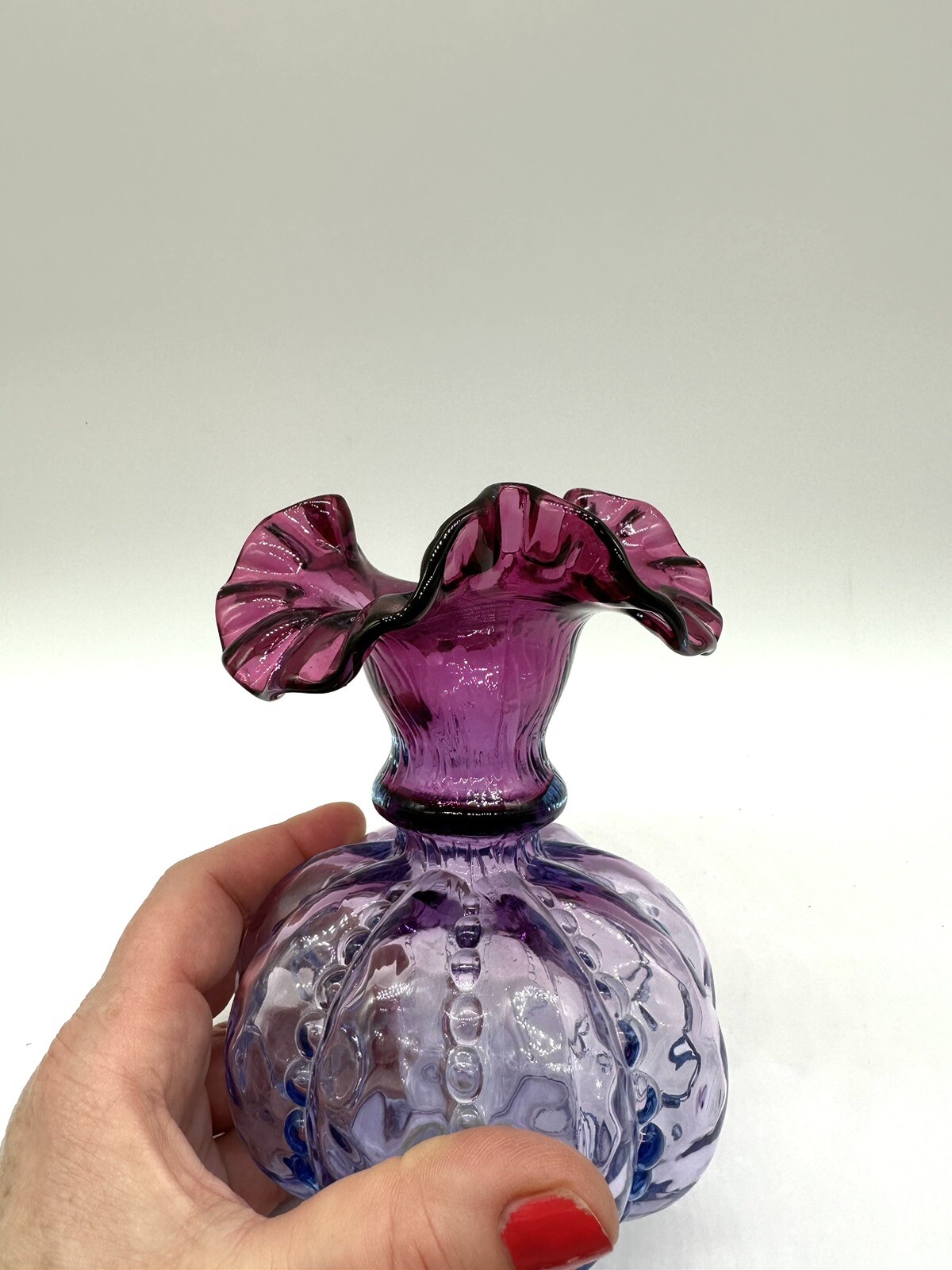 Fenton Art Glass, 5 1/2” Mulberry Crimped Vase Excellent Condition