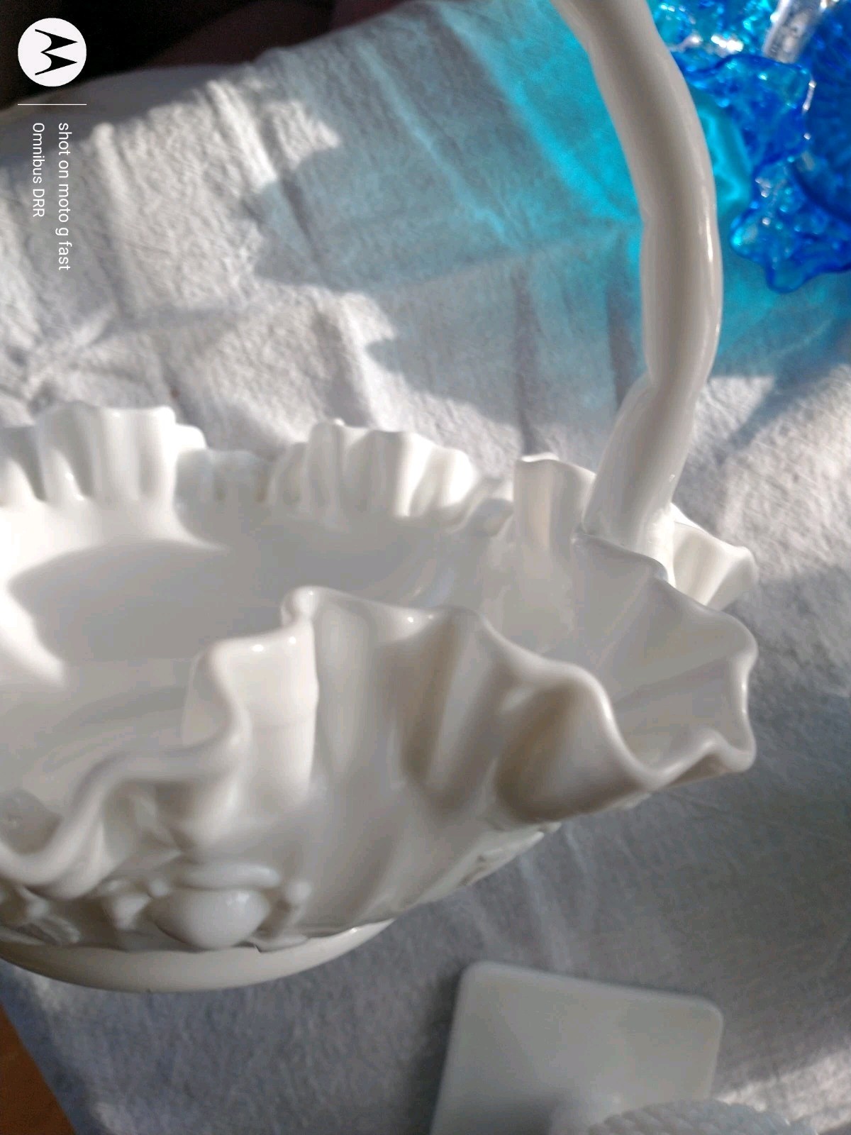 Fenton Rose Milk Glass Handled Basket 8 5/8″ Dia. 8 1/4″ Height Vintage