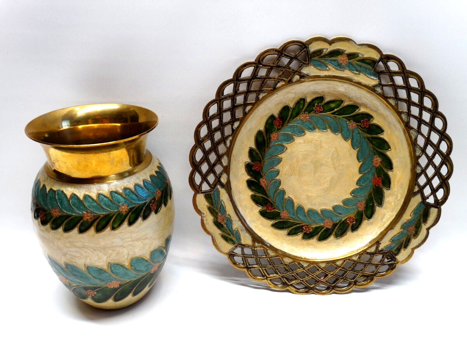 Cloisonné Brass Vase & Wall Hanging Plate w/Enameled Floral & Wreath Design EUC