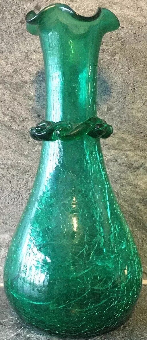 Vintage Crackle Art Glass Vase 7.5” Tall Emerald Green 3D Applied Rigoree EUC