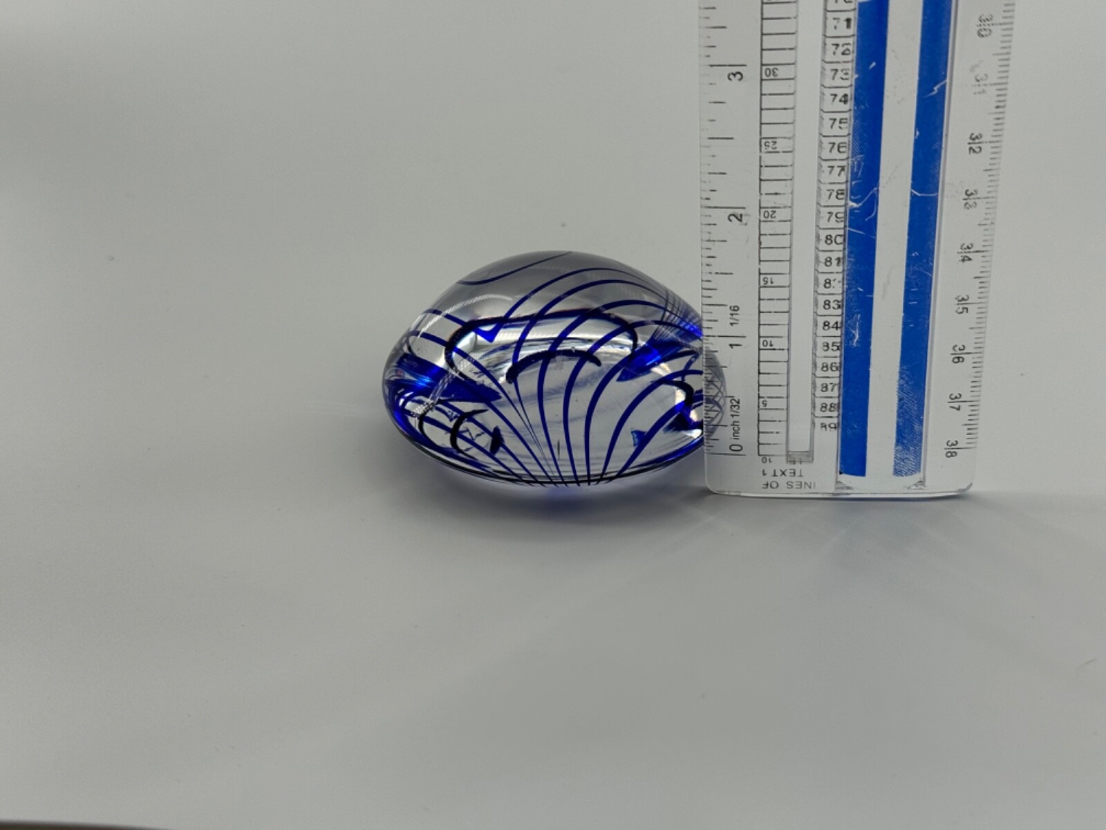 Clear and Cobalt Blue Swirl Art Glass round Shaped Hand blown Paperweight 2.5”