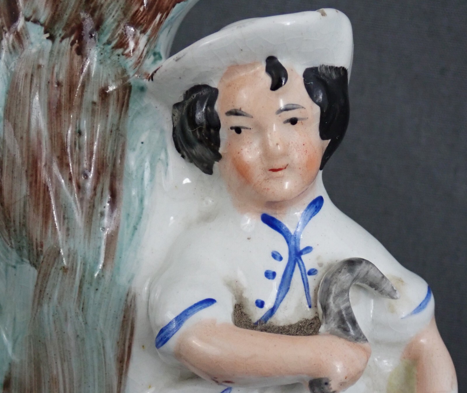 1850s Flatback Staffordshire Pottery Spill Vase Pair Boy/Girl Harvesters #5