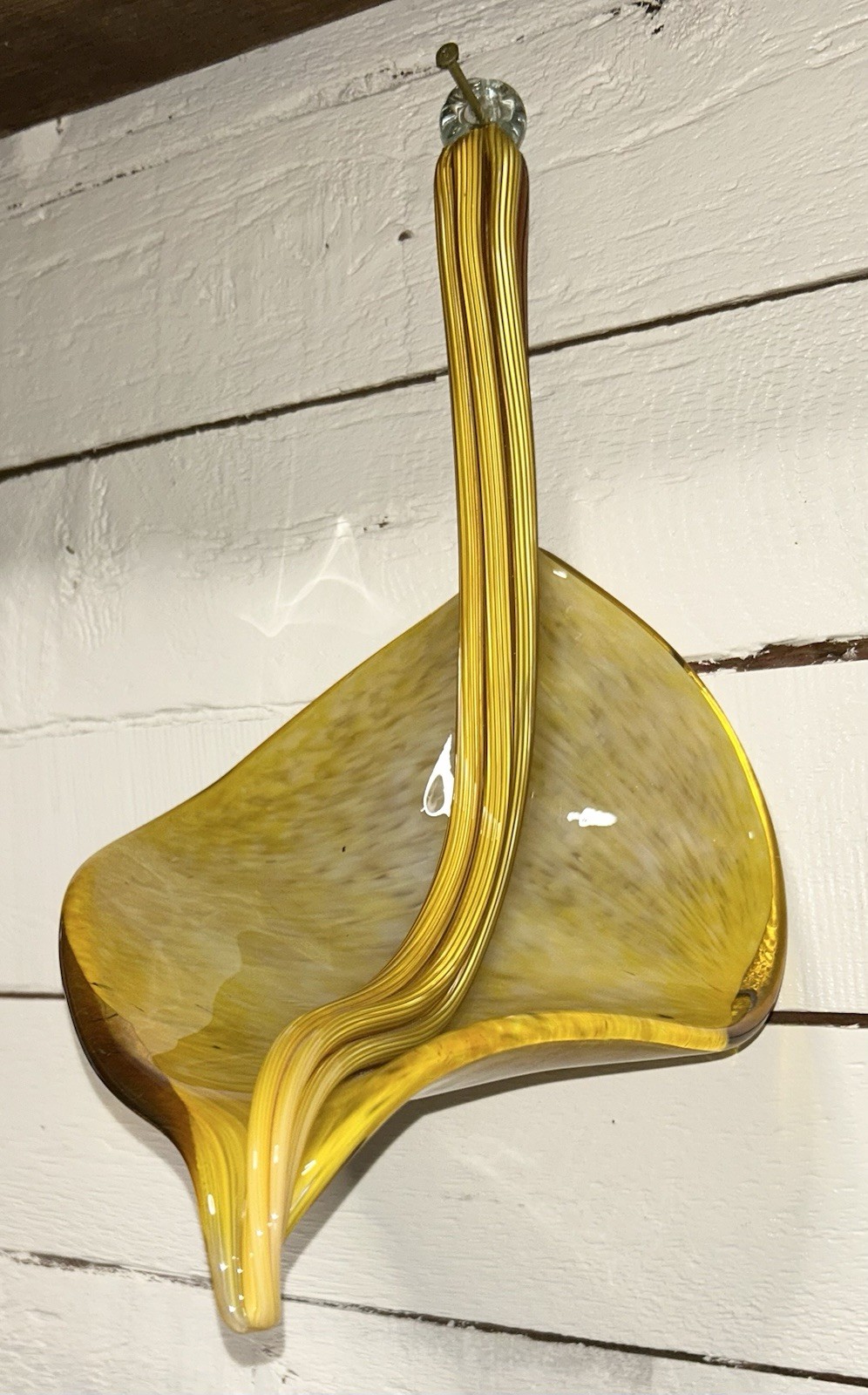 Vtg Leaf Form Sculpture Murano Style Art Glass Hand Blown 18″ Hanging Yellow