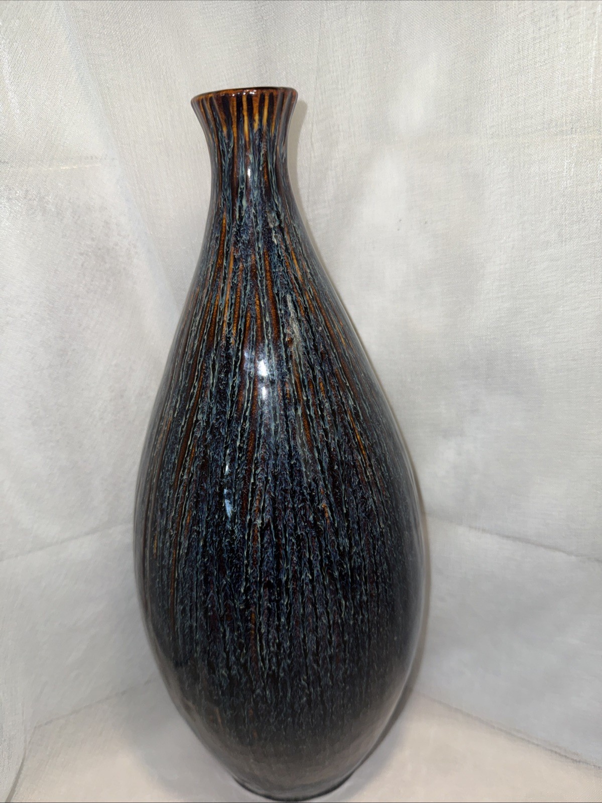 Vintage MCM Studio ceramic Tenmoku ‘Hare’s Fur’ Glazed teardrop vase 14” Tall