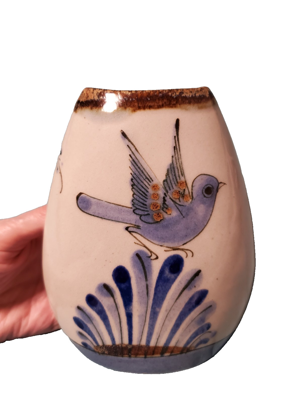 Mexico pottery El Palomar Vase Ken Edwards Tonala Bird Floral Double Side signed