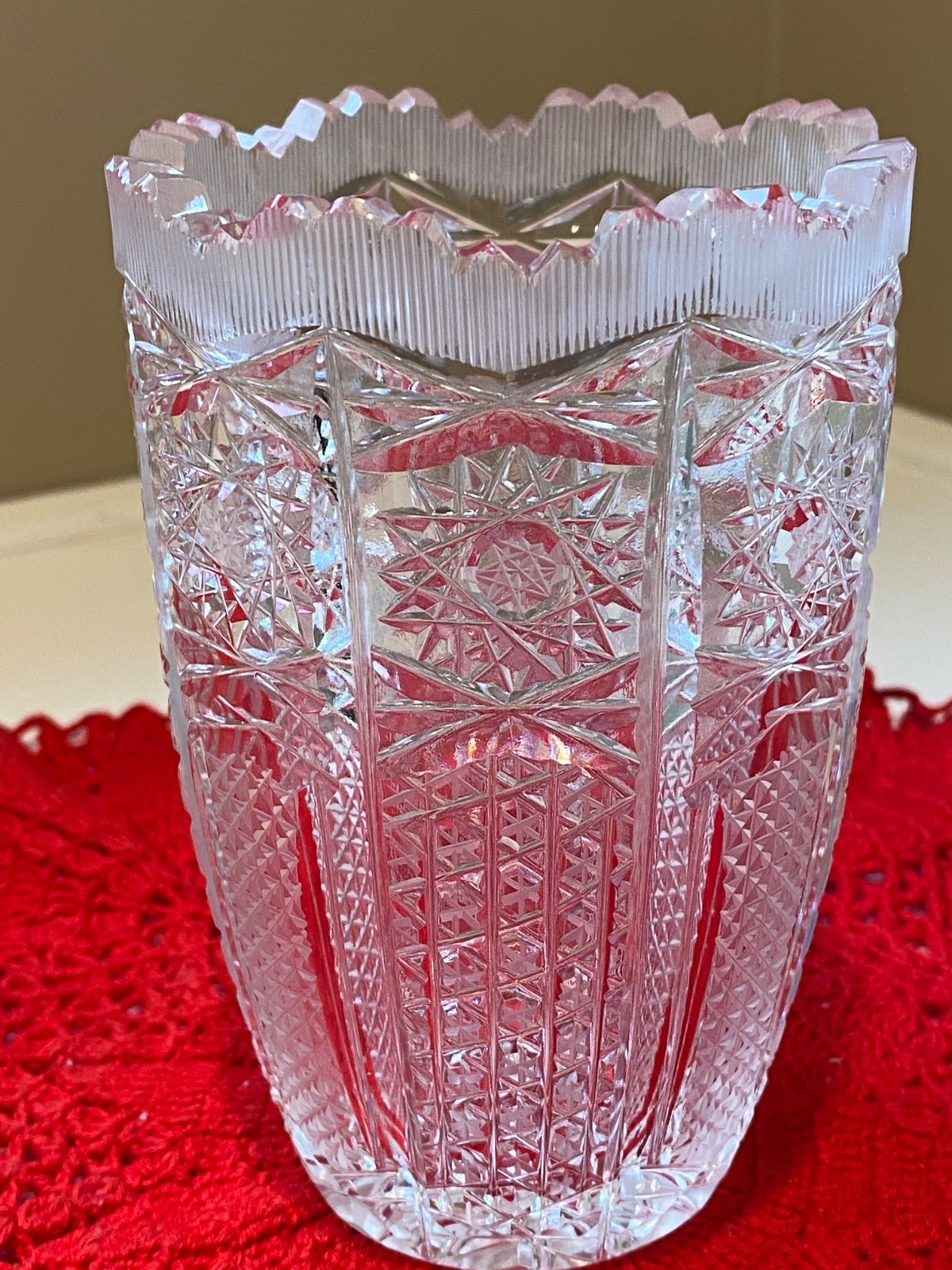 VINTAGE Bohemian Czech Queen’s Lace Cut Crystal Vase 6″ Sawtooth Edge