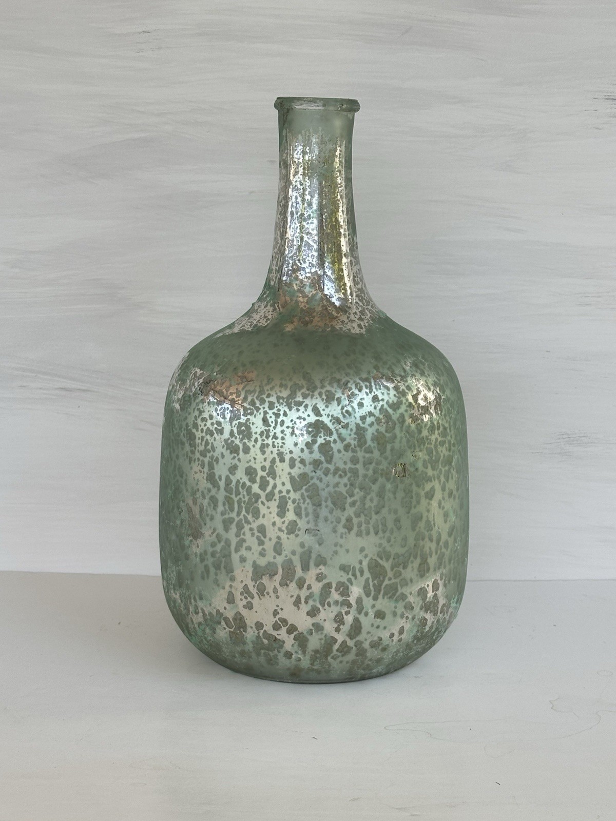 Green Distressed Glass Bottle Vase Vintage Inspired With Metal Sparkles 15” Tall