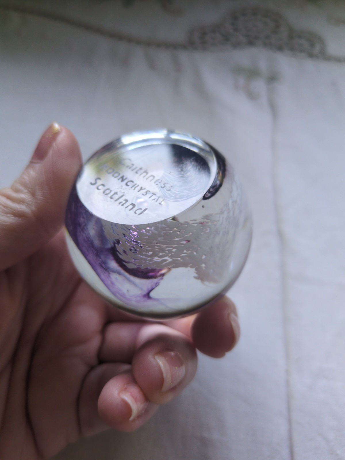 Vintage CAITHNESS Moon Crystal Scotland Yellow, Purple , White Swirl 2″