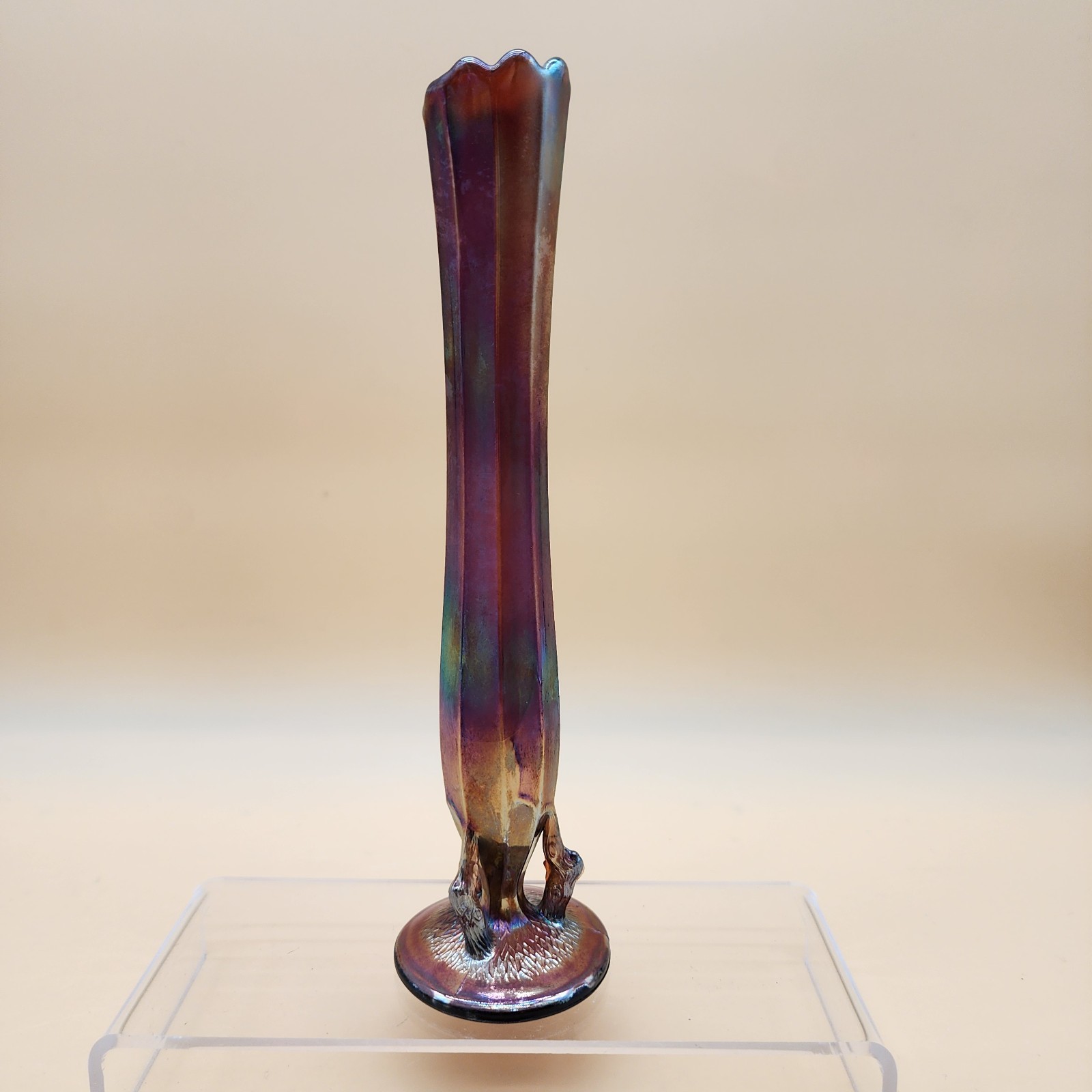 Vtg Carnival Glass Dugan & Diamond Rib Amethyst Twig Bud Vase Iridescent 9 1/4″