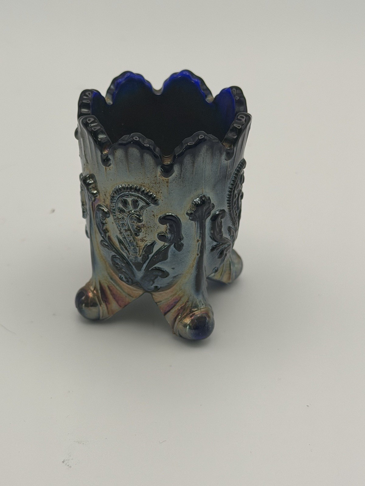 Northwood Style Carnival Glass Toothpick Holder Paisley Cobalt Blue Iridescent