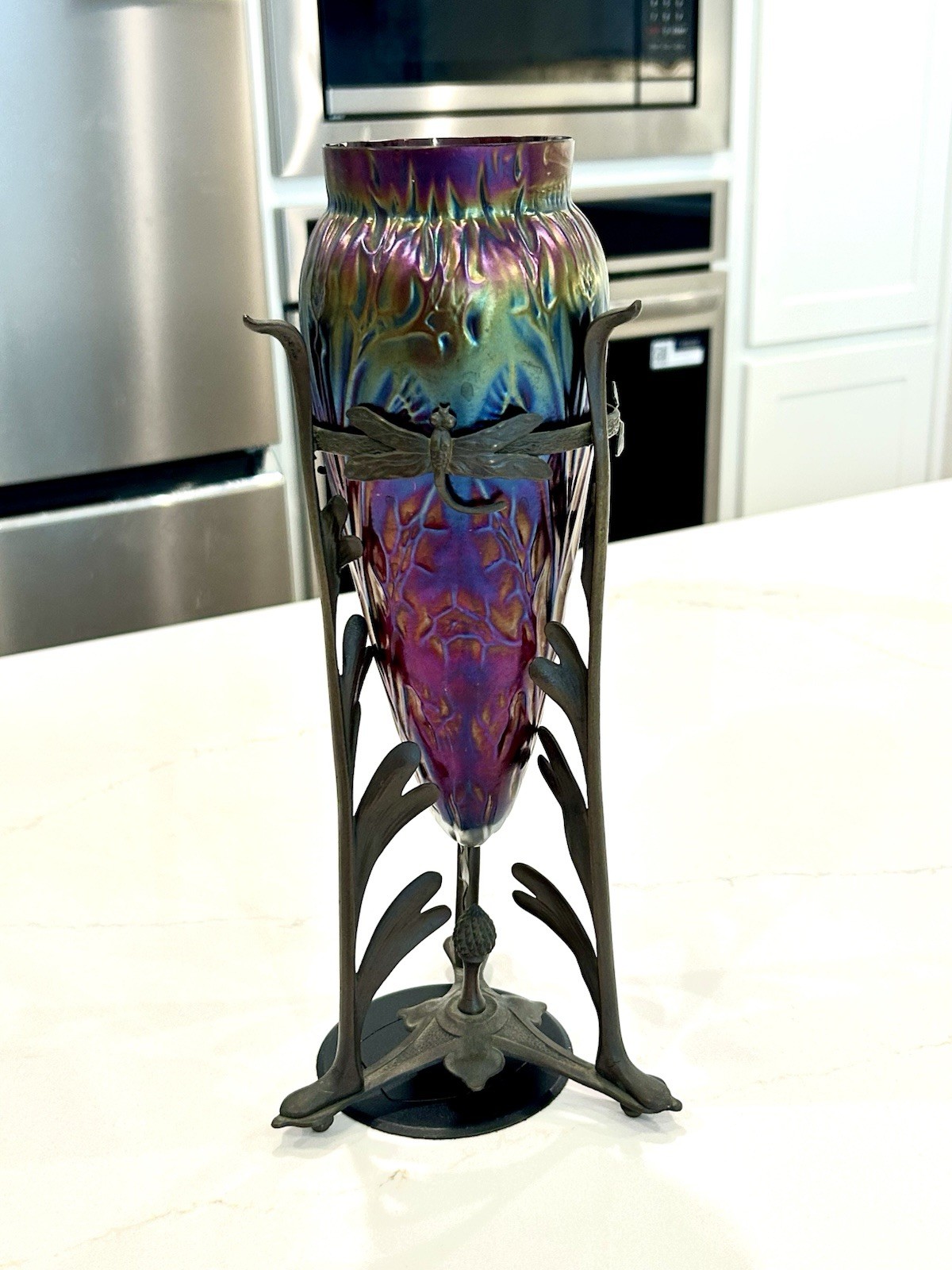 Loetz Iridescent Glass Red Thistle Dragonfly Bronze Mount Tear Drop Vase